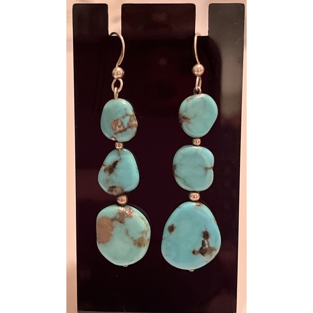 Vintage Dangle Earrings Stacked Turquoise Trio Stones Silver Hooks Boho